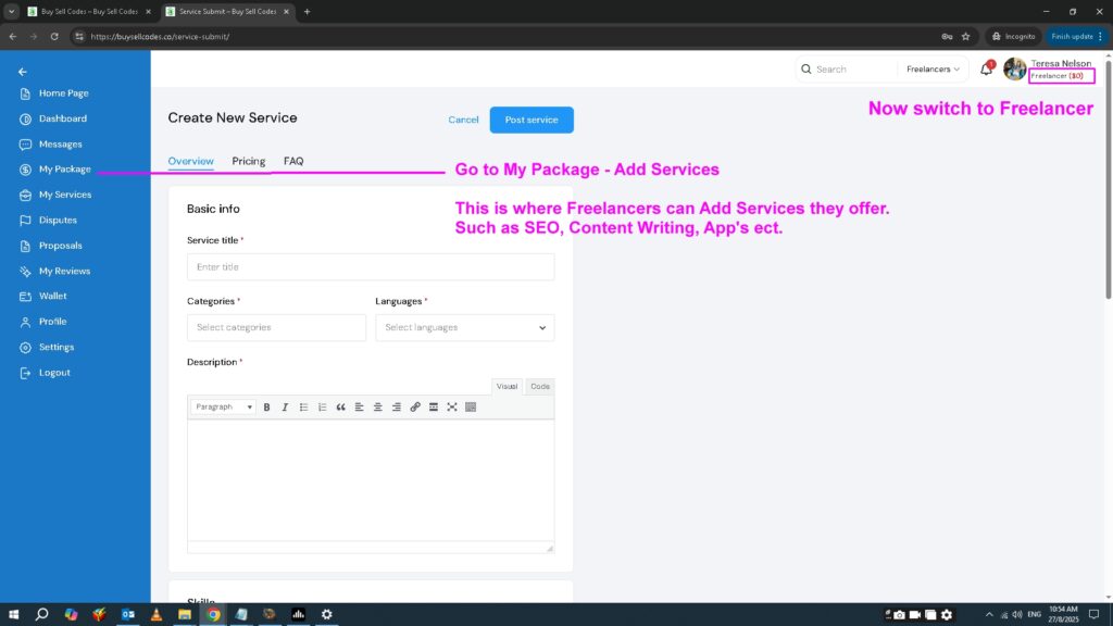 Freelancer can Add their services here
